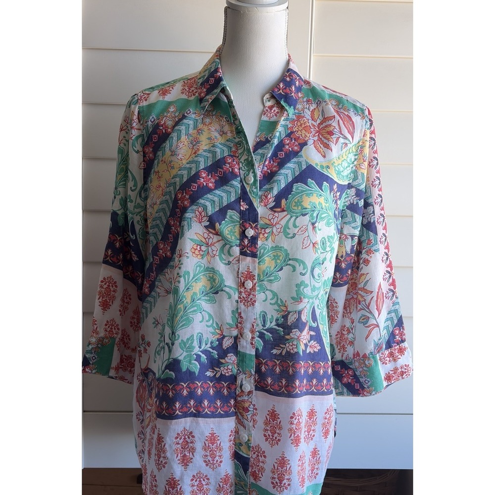 Chico's No Iron Linen Shirt Size 2 L XL Patchwork Floral Boho Artsy Colorful